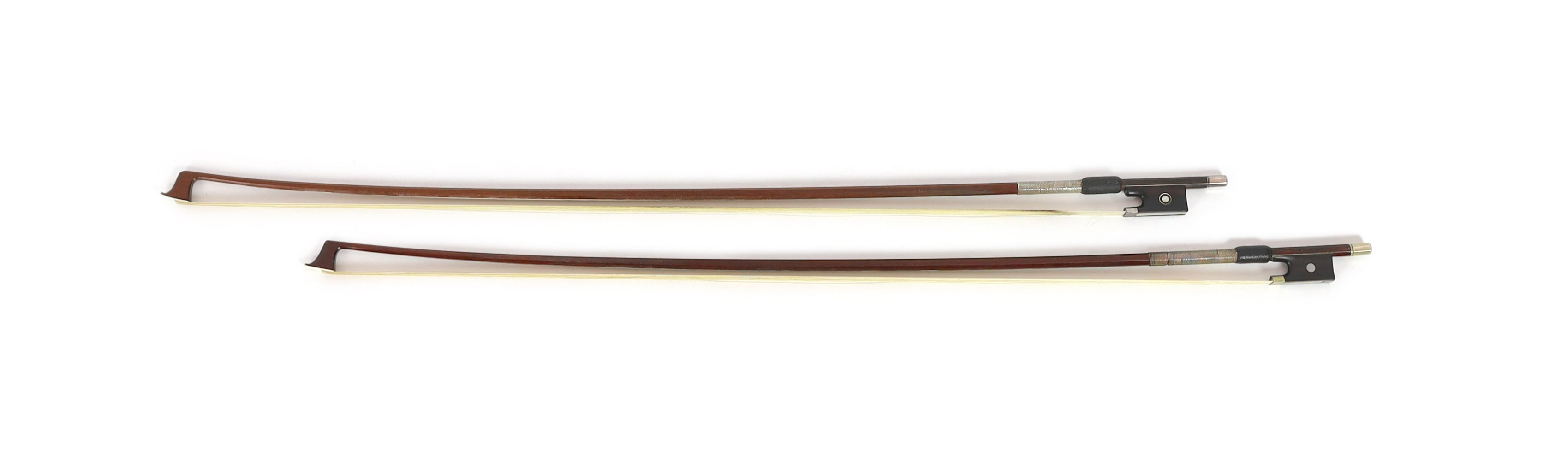 Two stamped violin bows, Both 74.5 cm long